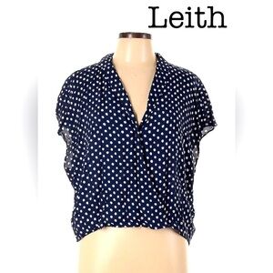 LEITH Faux Wrap Retro Style Navy/White Polka Dot Cap Sleeve Blouse size Small